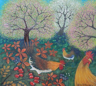 复活节母鸡》，2024 年（纸上丙烯颜料） 作者 丽莎·格拉·詹森