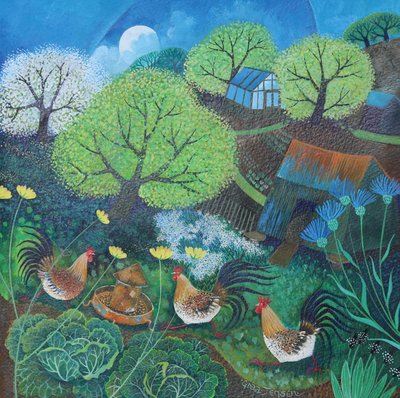 快乐的母鸡，2016年，（纸上的丙烯酸墨水） 作者 丽莎·格拉·詹森