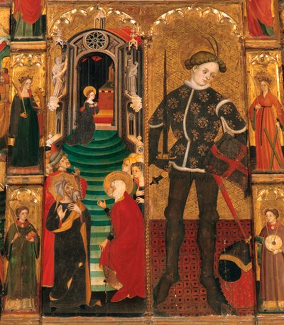 哥特时期。圣母与圣乔治》祭坛画（圣约尔迪），作者 Lluis Borrassa（1360-1426 年）。木质绘画。1390-1400 年间在巴塞罗那完成。细部，圣殿中的玛丽和作为骑士的圣乔治（圣约尔迪/圣乔治）。画面 作者 露丝·波拉萨