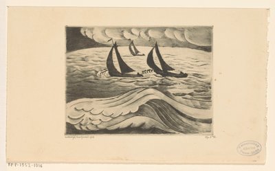 三艘帆船在海上风暴中 La Tempête（原标题） 作者 Lodewijk Shelfhout（艺术家签名）