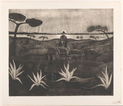 丘陵景观中牧羊人与一群羊 Le Troupeau（原标题） 作者 Lodewijk Shelfhout（艺术家签名）