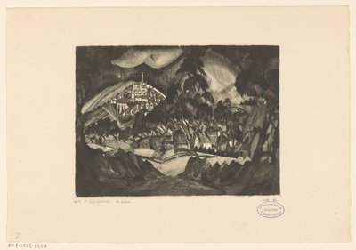 有树木和建筑物的丘陵景观 Le Soir（物体上的原始标题） 作者 Lodewijk Shelfhout（艺术家签名）