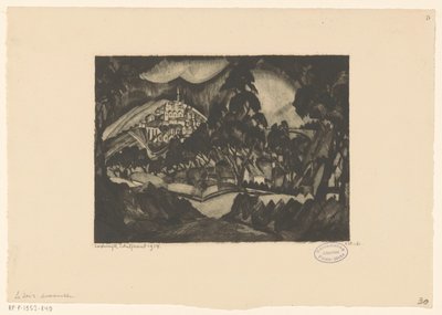 有树木和建筑物的丘陵景观 Le Soir（物体上的原始标题） 作者 Lodewijk Shelfhout（艺术家签名）