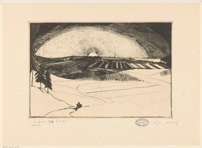 在丘陵景观上升起或落下的太阳 La Bruyère（物体上的原始标题） 作者 Lodewijk Shelfhout（艺术家签名）