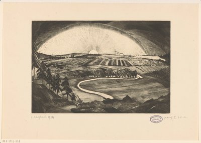 Opgaande of ondergaande zon boven een heuvellandschap La Bruyère (original title on object) 作者 Lodewijk Shelfhout（艺术家签名）