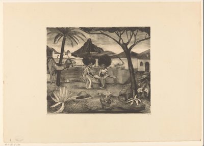 两个男人背着一个男人在花园里 作者 Lodewijk Shelfhout（艺术家签名）