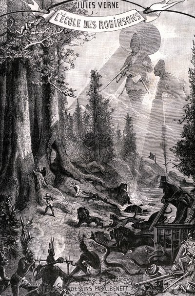 儒勒-凡尔纳的小说 "鲁滨逊学校 "的封面插图，1882 年 Hetzel 系列/Voyages extraordinaire。莱昂-贝内特（Leon Benett）的画作，右上方向丹尼尔-德-福或笛福（Daniel de Foe or Defoe，1660 - 1731 年）的《鲁滨逊与星期五》致敬。 作者 里昂·贝内特