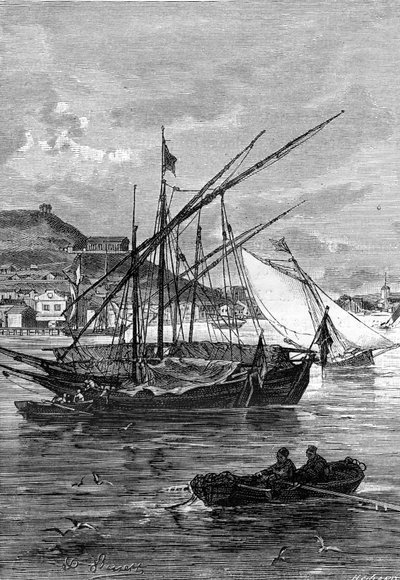 儒勒-凡尔纳的小说《倔强的凯拉班》插图，1883 年 Hetzel 作品集/非凡的航行。莱昂-贝内特（Leon Benett）的绘画：位于黑海和阿佐夫海之间的伊尼卡莱海峡上的凯尔奇港（克里米亚）。 作者 里昂·贝内特