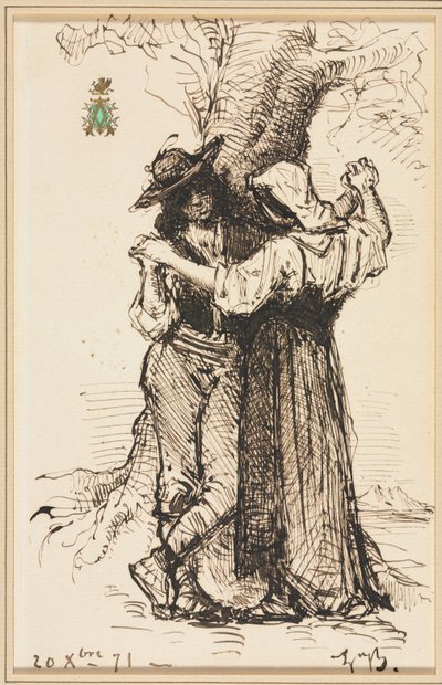 在树旁求爱的情侣，1871年。 作者 莱昂·博纳特