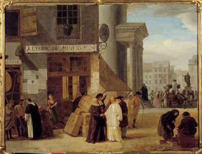 在 Egide de Minerve，比利时列日的一家书店，出售被权力或教会禁止的书籍。 约瑟夫二世的宽容政策（1741-1790）偏爱百科全书。 由 Leonard Defrance（或 De France）（1735-1806）绘制的 18 世纪第戎 作者 伦纳德·德法兰克
