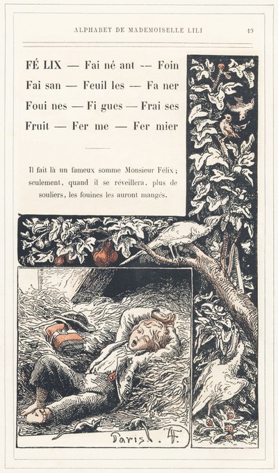 Felix、Lay、Hay、Pheasant、Leaves、Faner、Weasels、Figs、Strawberries、Fruit、Farm、Farmer，第 19 页 - Alphabet by Mademoiselle Lili、by L. Froelich and by a father (Hetzel himself)。巴黎 J. Hetzel  Cie 图书馆和教育与娱乐杂志社 作者 洛伦兹·弗罗利希