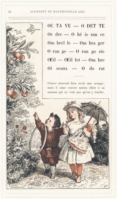 Octave, Odette, Order, Obedience, Umbrella, Shadow, Orange, Orangerie, Eye, Carnation, Shadow, Birds, Smell, page 28 - Alphabet of Mademoiselle Lili, by L. Froelich and by a dad (Hetzel himself).J. Hetze 图书馆和教育与娱乐杂志社 作者 洛伦兹·弗罗利希