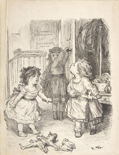 三个小女孩在一个房间里争吵和吐痰，1835-1903。 作者 洛伦兹·弗罗利希