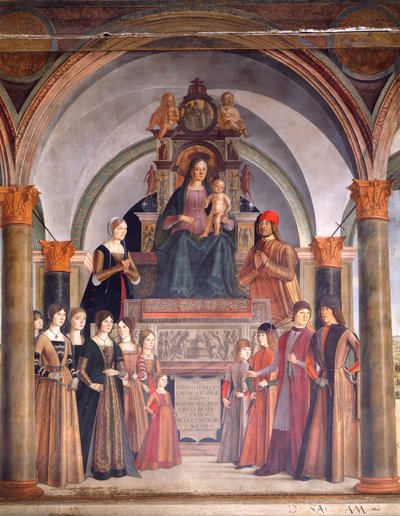 天使与圣母子》，洛伦佐-科斯塔（Lorenzo Costa，约 1537-1583 年）作品，意大利博洛尼亚圣贾科莫-马焦雷教堂本蒂沃利奥小教堂 作者 洛伦佐·科斯塔（Lorenzo Costa）