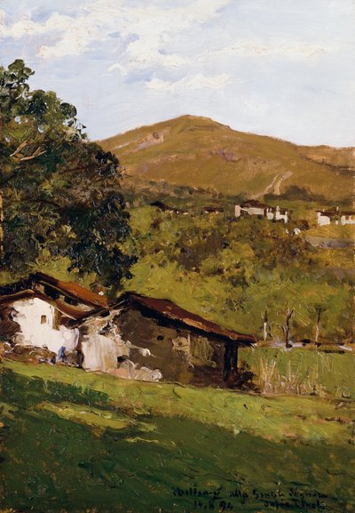 绿树丛中的农舍（比耶拉前阿尔卑斯山），洛伦佐-德尔莱尼（1840-1908 年）作品，油画，44.9x30.7 厘米 作者 洛伦佐·德拉尼（Lorenzo Delleani）