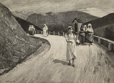 在神圣的道路上，沿着小路行走的女性朝圣者，意大利米兰布雷拉，联合博览会，F Cantagalli 根据 Lorenzo Delleani（1840-1908 年）的画作雕刻，摘自《意大利画报》，第 21 年，第 42 期，10 月 21 日 作者 洛伦佐·德拉尼（Lorenzo Delleani）