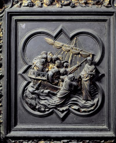 耶稣走上水并拯救彼得，圣乔万尼洗礼堂北门的第八个小组，1403-24（青铜） 作者 Lorenzo Ghiberti