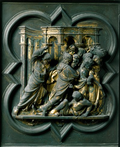 北门（称为十字架之门，在北方），外部细节。洛伦佐-吉贝尔蒂（Lorenzo Ghiberti，1378-1455）制作的 "耶稣追赶圣殿中的商人 "青铜雕像 作者 Lorenzo Ghiberti