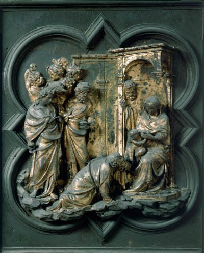 North Porte (called Gate of the Cross, to the North), exterior detail: Adoration of the Magi. Bronze sculpture made by Lorenzo Ghiberti (1378-1455) 作者 Lorenzo Ghiberti