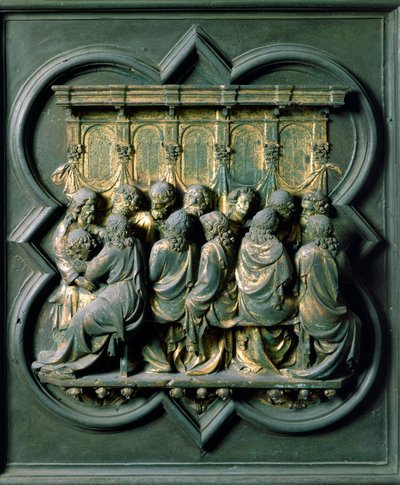 北门（在北方称为克罗伊门），外部细节。洛伦佐-吉贝尔蒂（Lorenzo Ghiberti，1378-1455）制作的 "la Cene "青铜雕像。 作者 Lorenzo Ghiberti