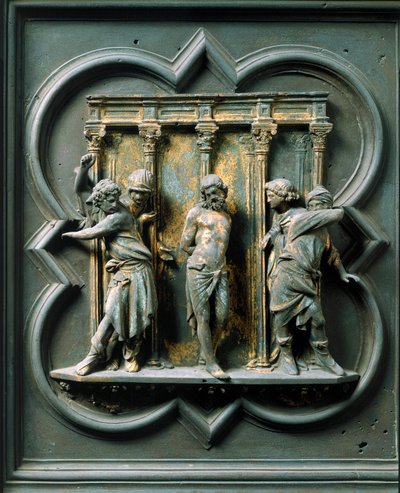 北门（在北方称为克罗伊门），外部细节。洛伦佐-吉贝尔蒂（Lorenzo Ghiberti，1378-1455）的青铜雕塑 "la flagellation"。 作者 Lorenzo Ghiberti