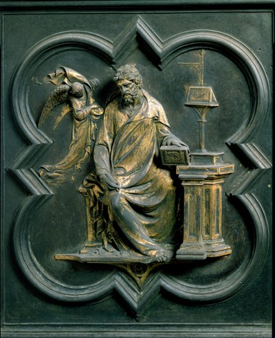 北门（称为Porte de la Croix，向北），外部细节。圣马修（Saint Mathieu）。洛伦佐-吉贝尔蒂（1378-1455）制作的青铜雕塑 作者 洛伦佐·吉贝蒂（Lorenzo Ghiberti）