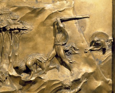 该隐和亚伯的故事，杀害亚伯的细节，洗礼堂东门的原始小组，1425-52镀金青铜岗位修复 作者 Lorenzo Ghiberti