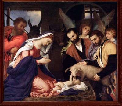 牧羊人的崇拜 耶稣与羊玩耍的孩子 - 布面油画 作者 洛伦佐·乐透（Lorenzo Lotto）