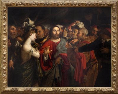 基督和淫妇。 Lorenzo Lotto (1480-1556) 作画，布面油画 作者 洛伦佐·乐透（Lorenzo Lotto）