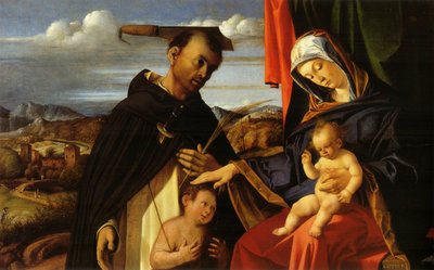 意大利文：  Madonna col Bambino e San Pietro Martire 圣母子与年轻的施洗者圣约翰和殉道者圣彼得 作者 洛伦佐·乐透（Lorenzo Lotto）