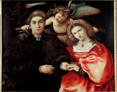 马西利奥大师（Marsilio Cassotti）和他的妻子（Faustina） 木板油画 洛伦佐-洛托（约1480-1556年） 1523年 Dim.71x84厘米 马德里，普拉多博物馆-马西利奥-卡索蒂和他妻子福斯蒂娜的肖像。洛伦佐-洛托（1480-1556）的画作。木板上的油彩，71 作者 Lorenzo Lotto