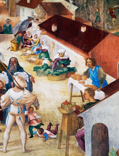 士兵、农民和市场，《圣巴巴拉的故事》中的细节 作者 洛伦佐·乐透（Lorenzo Lotto）
