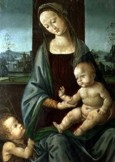 圣母子与施洗者圣约翰的婴孩 作者 Lorenzo di (workshop of) Credi