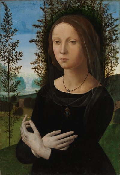 一位年轻女子的画像，约1475-80年（木头上的油） 作者 洛伦佐·迪·克雷迪