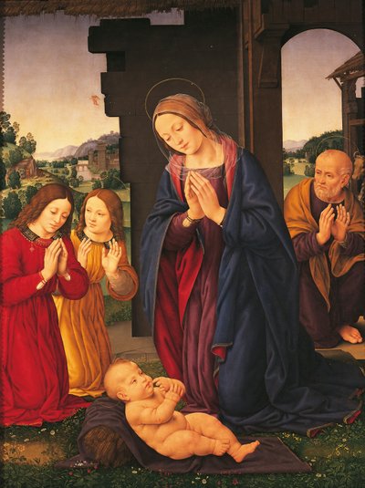 洛伦佐·迪·克雷迪（Lorenzo di Credi，1459-1536）《对孩子和天使的崇拜》，画布蛋彩画 作者 洛伦佐·迪·克雷迪