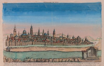 耶路撒冷（大卫和所罗门统治下的巴勒斯坦首都......）。路易斯-约瑟夫-蒙达雷（Louis Joseph Mondhare，活跃于 18 世纪中叶）的作品，铜版画，水彩上色。 作者 路易·约瑟夫·蒙德哈雷