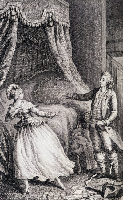 卧室床前的夫妇 - 在 "Les francaises ou 34 examples chosen in the current mores fit to lead daughters, women, wives, mothers" by Restif de La Bretonne (1734-1806), ill. by Binet, Neufchatel 作者 路易斯（之后）毕奈特