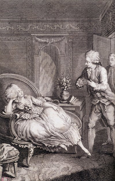Gentilhomme向一位在牧羊女身上苦苦挣扎的女士宣布他的爱意--载于《Les francaises ou 34 examples chosen in the current mores suitable to lead daughters, wives, mothers》，作者Restif de La Bretonne（1734-1806），Binet提供插图，Neufchatel 作者 Louis (after) Binet