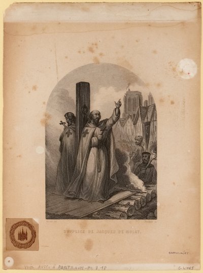 雅克·德·莫莱（Jacques de Molay）的酷刑，由让·查尔斯·帕迪内尔（Jean-Charles Pardinel）雕刻 作者 路易斯（后）马克