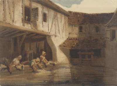 妇女们在水上住宅区的开放式大厅里洗澡 作者 Louis Adolphe Hervier（艺术家签名）