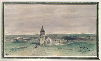 田野中的教堂和村庄，Montigny，1866年（笔和墨水和纸张上的wc） 作者 路易斯·阿道夫·赫尔维尔