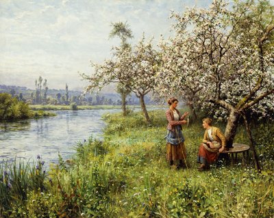夏日钓鱼后的乡村妇女（布面油画） 作者 Louis Aston and Daniel Ridgway Knight
