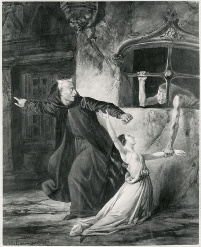 Sachette，Esmeralda和Claude Frollo，由Victor Hugo撰写的“巴黎圣母院的驼背”（1802-85），1831年（bw） 作者 路易斯·布朗厄尔