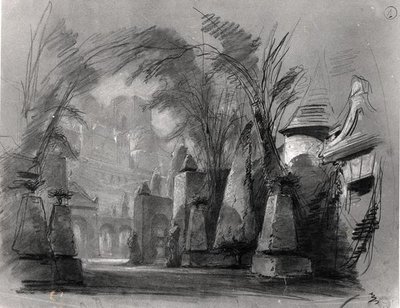 维克多-雨果（1802-85）的 "Les Burgraves"（1843）的场景设计（纸上铅笔）（黑白照片） 作者 路易斯·布朗厄尔