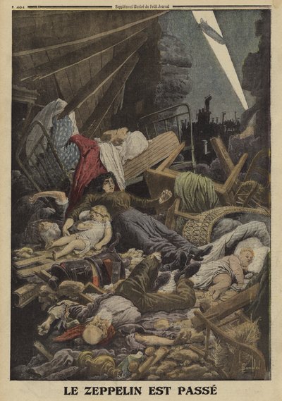 在德国齐柏林飞艇的轰炸中丧生的家庭，第一次世界大战，1916年（彩色平印）。 作者 路易斯·查尔斯（后）轰炸