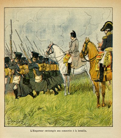 由Bombled Louis（1862-1927）绘制的插图，出自Emmanuel de Las Cases伯爵（1766-1842）的《圣赫勒拿纪念》一书。拿破仑皇帝在一场战斗中考虑他的士兵，私人收藏 作者 路易斯·查尔斯·邦布尔