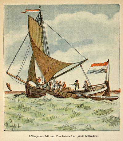 由Bombled Louis（1862-1927）绘制的插图，出自Emmanuel de Las Cases伯爵（1766-1842）的《圣赫勒拿纪念》一书。拿破仑在访问荷兰期间向一名荷兰飞行员捐赠了一艘船 作者 路易斯·查尔斯·邦布尔