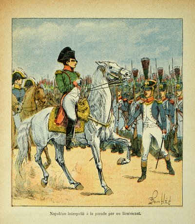 由Bombled Louis（1862-1927）绘制的插图，出自Emmanuel de Las Cases伯爵（1766-1842）的《圣赫勒拿纪念》一书。拿破仑召集一个中尉进行阅兵，私人收藏 作者 Louis Charles Bombled