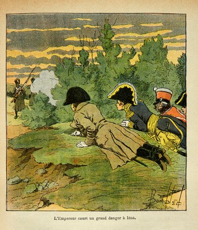 邦布尔德-路易斯（1862-1927）的插图，出自埃马纽埃尔-德-拉斯-库斯伯爵（1766-1842）的《圣赫勒拿纪念》一书。在伊纳战役的前夕，拿破仑皇帝在认出敌军阵线后，在一名法国士兵的注视下把自己扔到了地上。 作者 路易斯·查尔斯·邦布尔