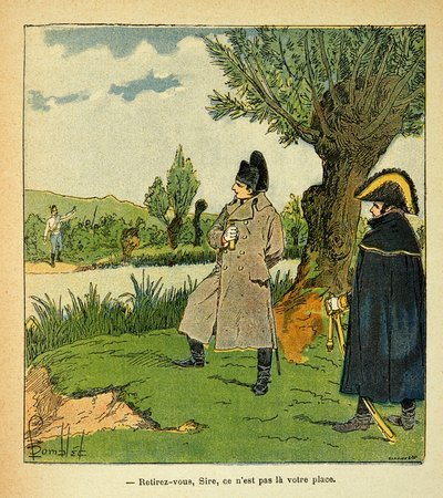 邦布尔德-路易斯（1862-1927）的插图，出自埃马纽埃尔-德-拉斯-库斯伯爵（1766-1842）的《圣海伦纪念》一书。在埃斯林战役期间的劳博岛上，拿破仑冒着风险，一位奥地利军官向皇帝呼吁 "Withdr 作者 Louis Charles Bombled